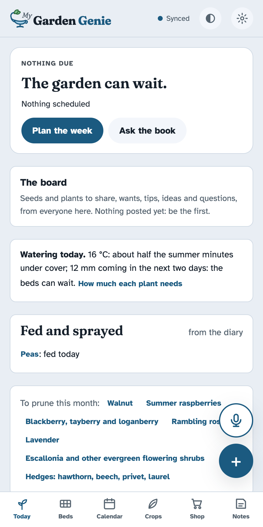 My Garden Genie's Today page on a phone: the one thing to do, the week's weather, and what is coming in